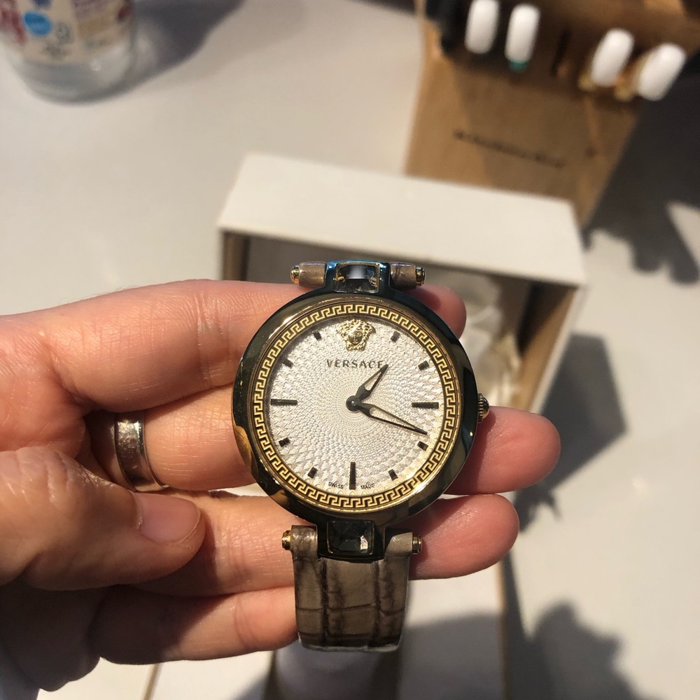 Versace White Dial Watch with Gold Bezel and Brown Strap